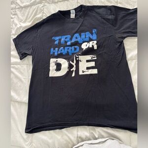Gildan Black Tee with Blue and White Motivational Print Good For Gym
